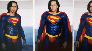 A Nicolas Cage Superman test photo shown in 'The Death of Superman Lives'